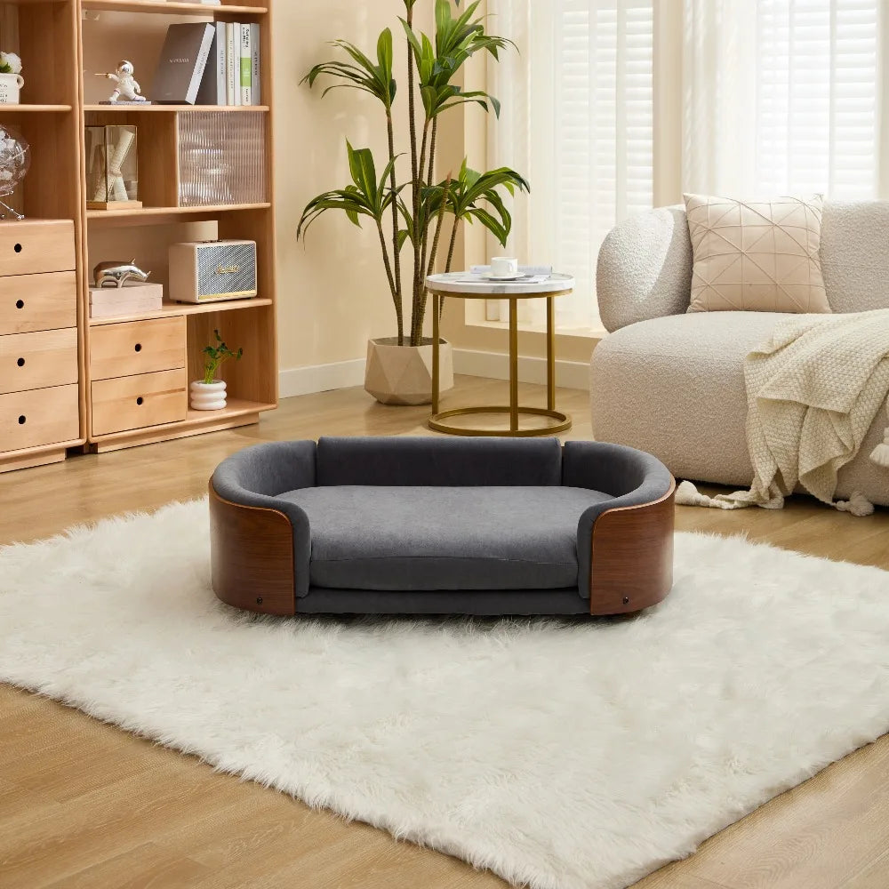 Scandinavian Style Elevated Dog Bed Pet Sofa with Solid Wood Legs, Bent Wood Back and Velvet Cushion, Large Size