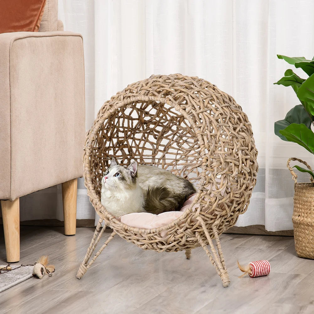 PawHut 20.5" Weaved Cat Bed: Elevated Hand-woven Braided Banana Leaf Kitten House Condo with Cushion, Beige