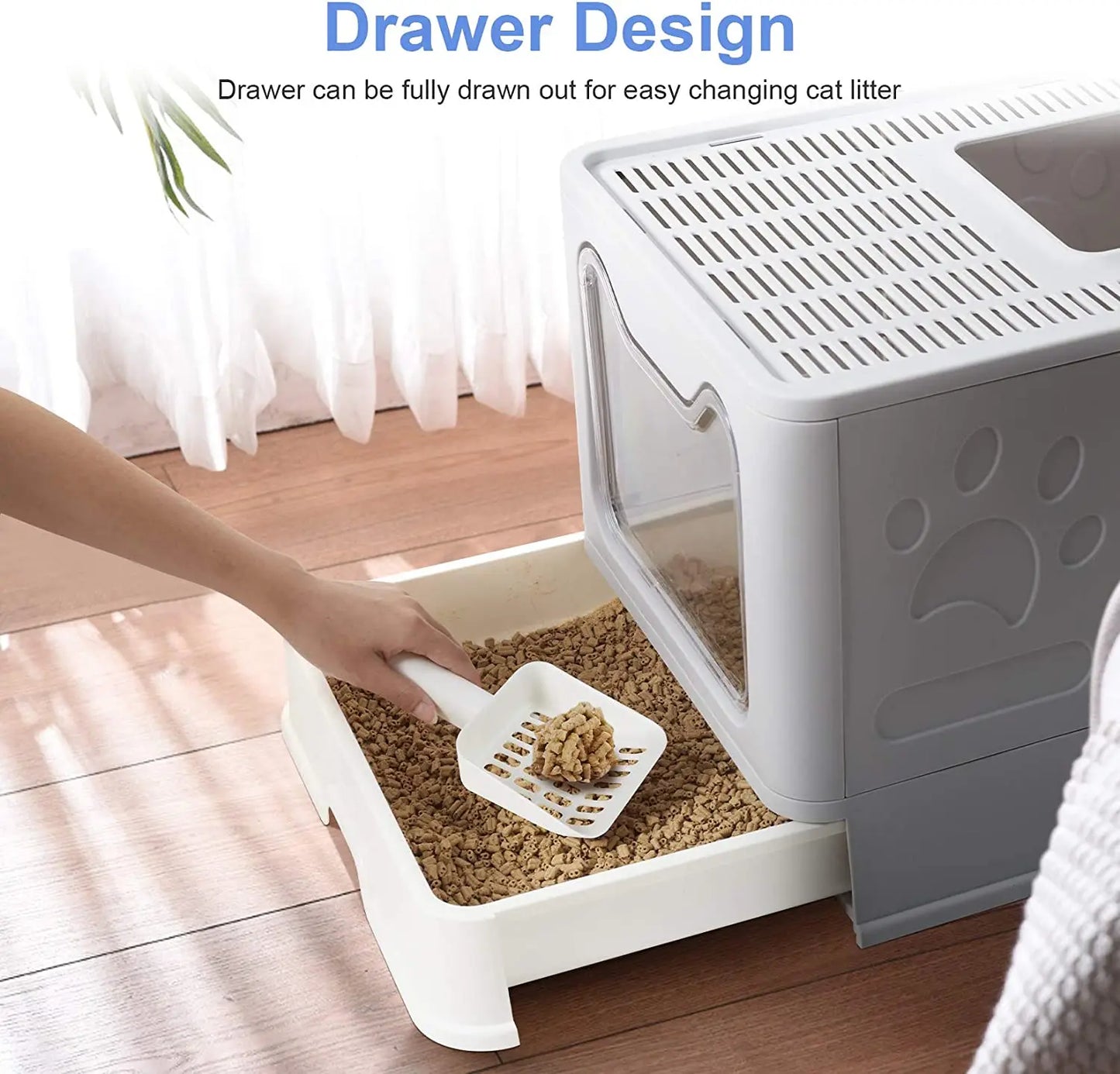 Foldable Hooded Cat Litter Box with Scoop and Drawer product image 4