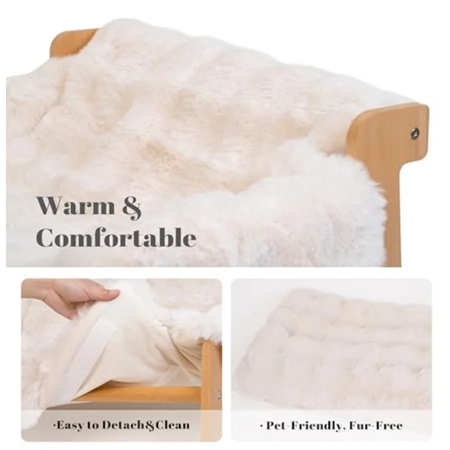 Elevated Cat Couch Bed for Indoor Cats, Wooden Cat Sofa with Removable Washable Fluffy Cover Raised Kitty Lounge Chair Suitable