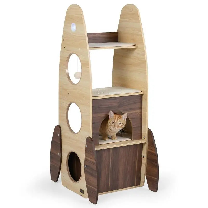 Rocket Cat Tree 47 Inch Large Wooden Cat Tower for Indoor Cats-Natural