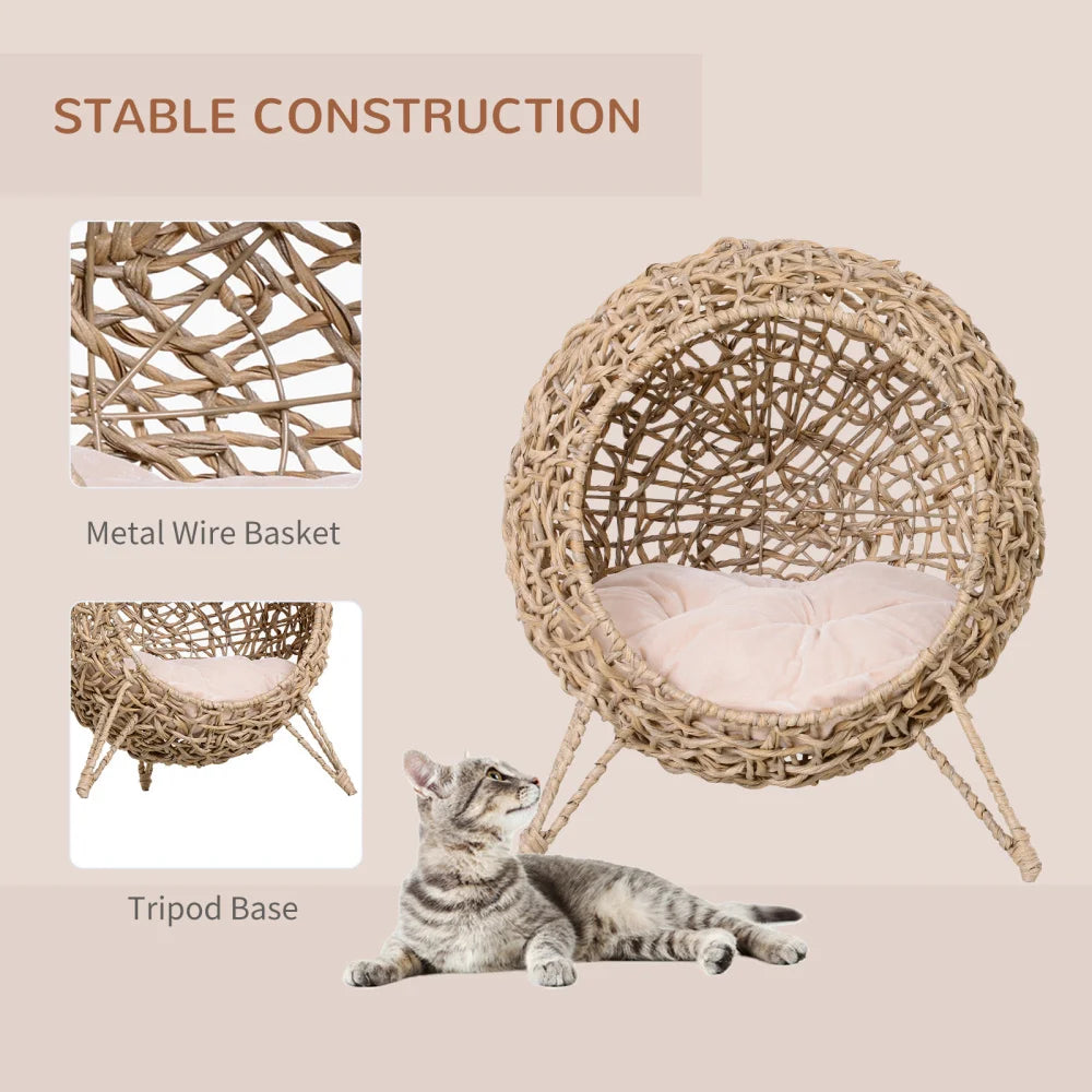 PawHut 20.5" Weaved Cat Bed: Elevated Hand-woven Braided Banana Leaf Kitten House Condo with Cushion, Beige