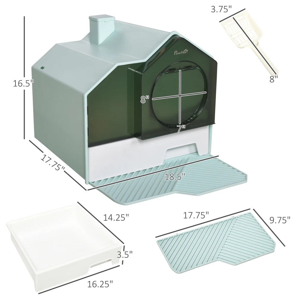 PawHut Hooded Cat Litter Box with Kitty Litter Mat, Odor Control, Easy-Clean Pull-Out Drawer, Handle, Scoop, Light Blue
